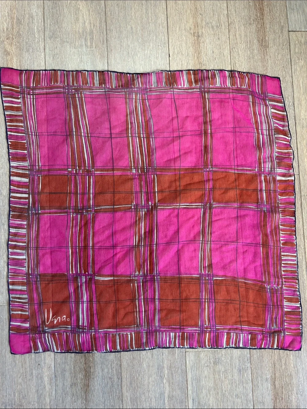 Ugna silk chiffon Vibrant Pink & red Plaid Square Scarf printed look rolled hem